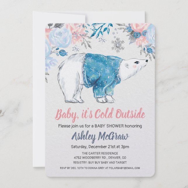 Convite Floral para Chá de Bebê de Urso Polar (Frente)