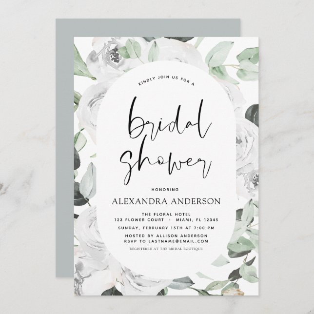 Convite Floral para Chá de Noiva Rosa Branca (Frente/Verso)