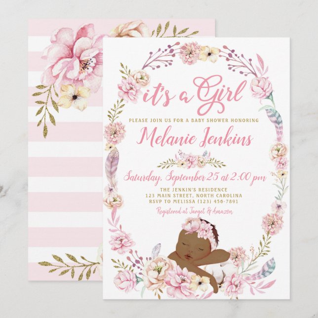 Convite Floral para Chás de fraldas de Menina (Frente/Verso)