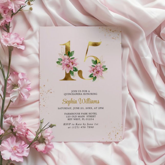Convite Floral para Quinceañera Dourado (Criador carregado)