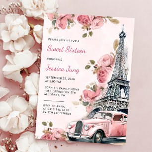 Convite Floral Paris Eiffel Tower Sweet 16 Festa de aniver