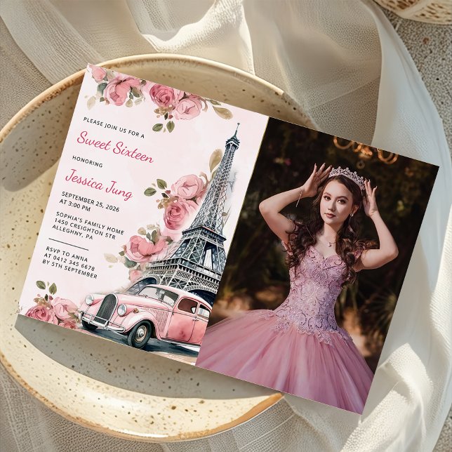 Convite Floral Paris Eiffel Tower Sweet 16 Foto de Anivers (Criador carregado)