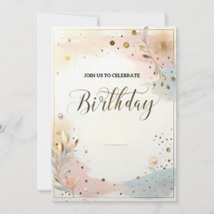 Convite Floral Pastel Elegante em Aquarela e Confetes Dour