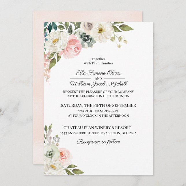 Convite Floral Peach & Green (Frente/Verso)