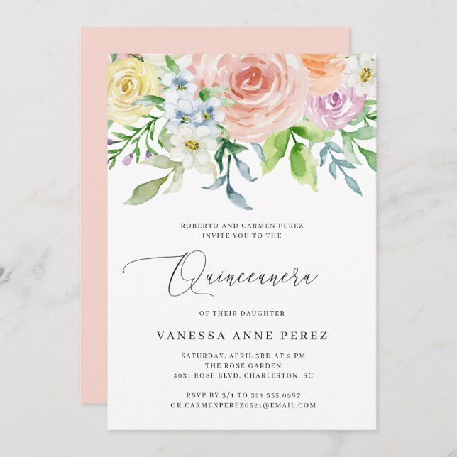 Convite Floral Peach Watercolor Quinceañera (Frente/Verso)