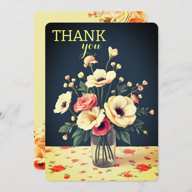 Convite Floral Personalized Yellow Flat Thank You Card (Frente/Verso)