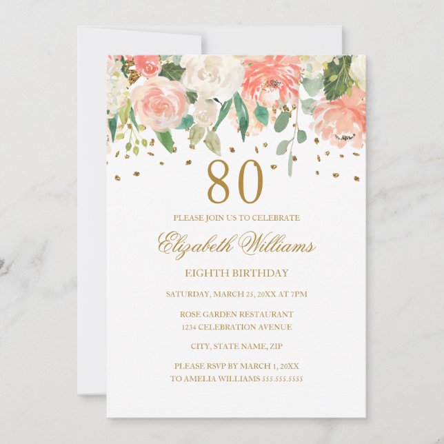 Convite Floral Pêssego Dourado para 80º Aniversári (Frente)