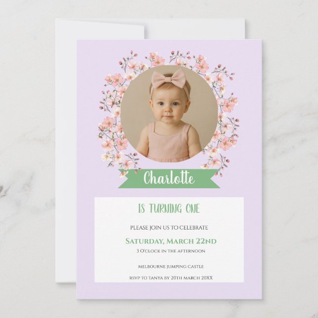 Convite Floral Photo Birthday Invitation for Girl (Frente)