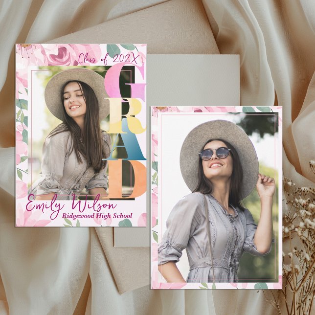 Convite Floral Photo Class of 2026 Graduation Announcement (Floral Photo Graduation Announcement Card | Class of 2026 Senior Girl )