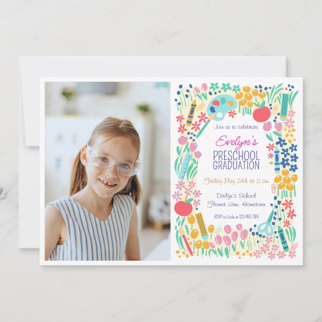 Convite Floral Photo Preschool Graduation Invitation (Frente)