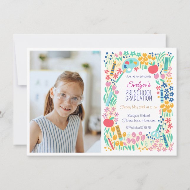 Convite Floral Photo Preschool Graduation Invitation (Frente)