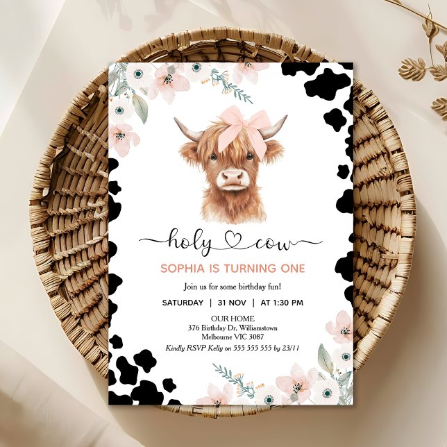 Convite Floral Pink Black Highland Cow Holy Cow Birthday (Holy Cow Birthday Invitation, Highland Cow Birthday Invitation, Floral Holy Cow Invitation Template)