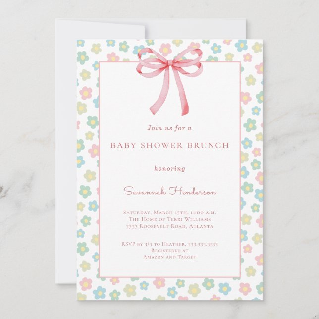 Convite Floral Pink Bow Ribbon Baby Shower Brunch  (Frente)