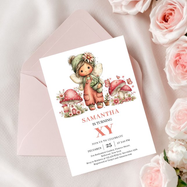 Convite Floral Pink Fairy 8th Birthday Blush Invite Card (Floral Pink Fairy 8th Birthday Blush Invite Card)