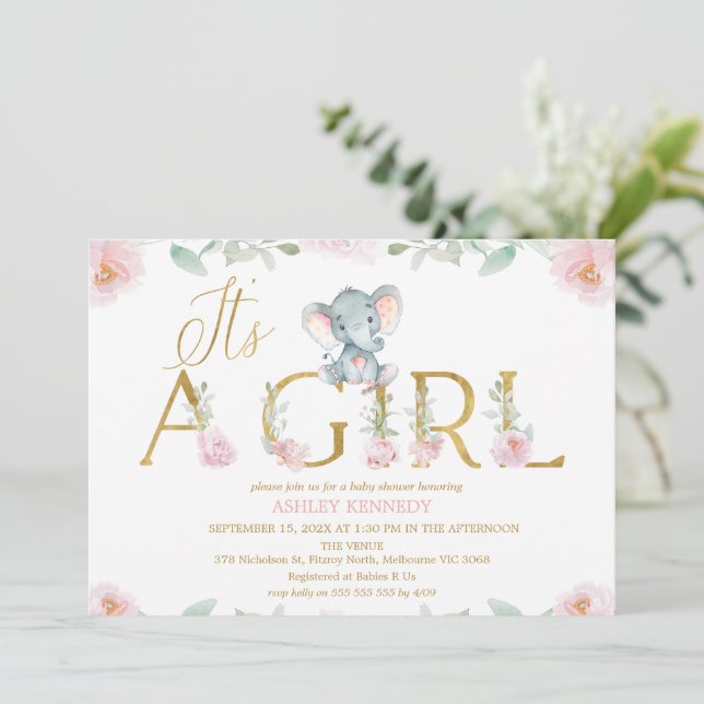 Convite Floral Pink Girl Elephant Baby Shower Invitation (Em pé/Frente)