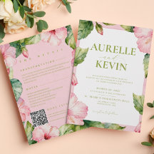 Floral Pink Green Summer Watercolor QRcode Wedding