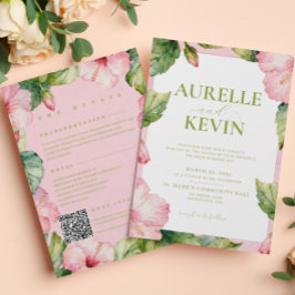 Convite Floral Pink Green Summer Watercolor QRcode Wedding