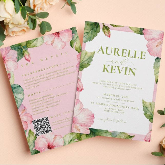 Convite Floral Pink Green Summer Watercolor QRcode Wedding (Criador carregado)