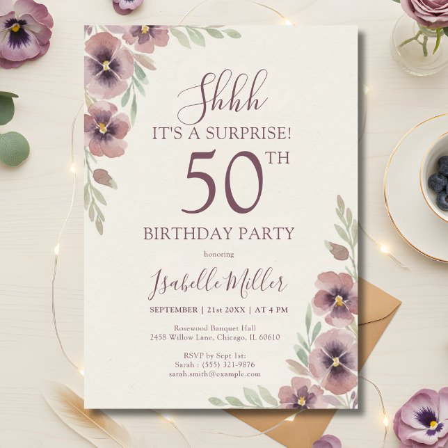 Convite Floral Pink Mauve Surprise 50th Birthday (Floral Pink Mauve Surprise 50th Birthday Invitation)