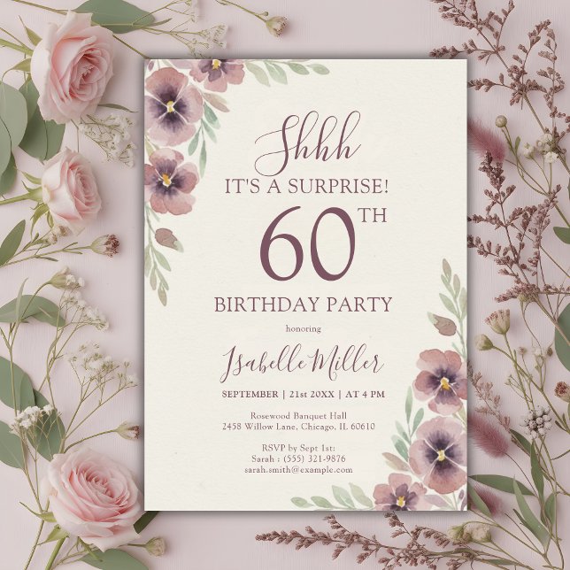 Convite Floral Pink Mauve Surprise 60th Birthday (Floral Pink Mauve Surprise 60th Birthday Invitation)
