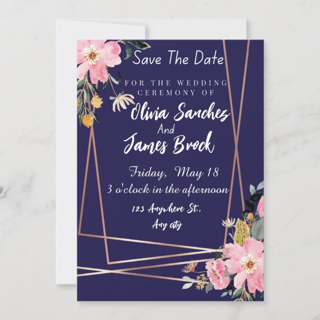 Convite Floral pink Navy Blue Rustic Wedding  (Frente)