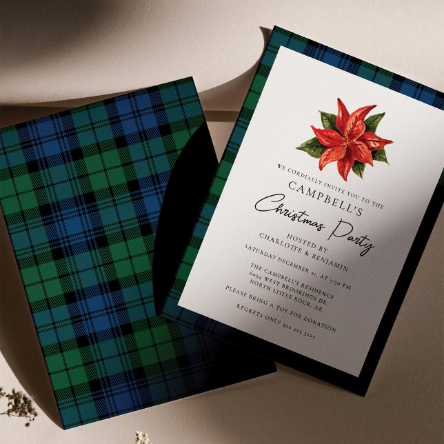 Convite Floral Poinsettia Xadrez Natal Campbell Tartan (Plaid Floral Poinsettia Campbell Tartan Christmas Party Invitation)