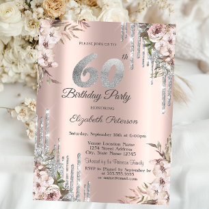 Convite Floral Prata Brilho Gotas Rosa Dourado 60º