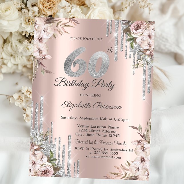 Convite Floral Prata Brilho Gotas Rosa Dourado 60º (Criador carregado)