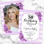 Convite Floral Prata White Purple Foto 50º Aniversário<br><div class="desc">Elegante, floral, 50º aniversário feminino com sua foto no final do cartão. Glam branco, lavanda roxo design com faixas, rosas, fonte de script e confetti. Perfeito para uma festa de comemoração de na moda adulto. Personalize com seus próprios detalhes. Pode ser personalizado para qualquer idade! Impressos convites Zazzle ou modelo...</div>