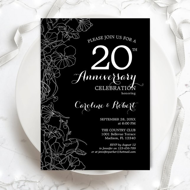 Convite Floral Preto Branco 20º Aniversário (Criador carregado)