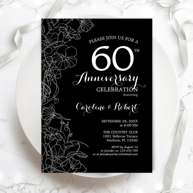 Convite Floral Preto Branco 60º Aniversário (Criador carregado)