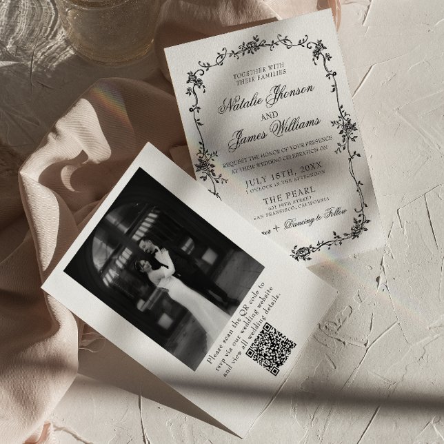 Convite Floral Preto Branco Código QR Botânico Foto Casame (Criador carregado)