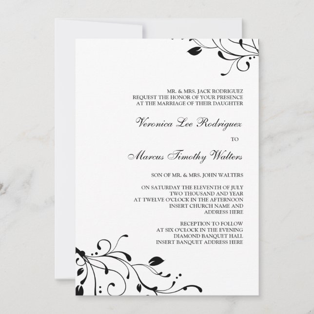 Convite floral preto & branco do decalque (Frente)