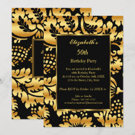 Convite Floral Preto Dourado com Festa de aniversário 50