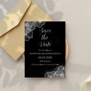 Convite Floral preto e branco legante Salvar a data