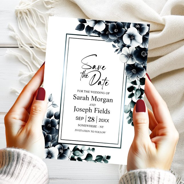 Convite Floral preto e branco moderno Salve a data (Criador carregado)