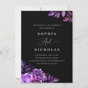 Convite Floral preto e roxo - Casamento gótico elegante