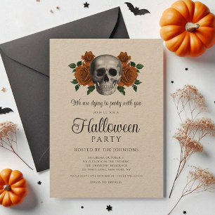 Convite Floral Preto Gótico Vintage Halloween Caveira