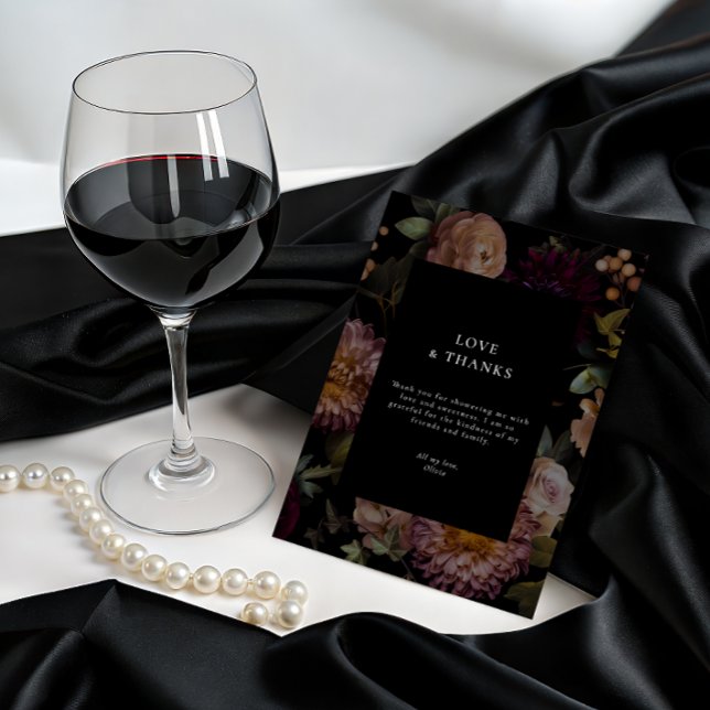 Convite Floral Preto Negro Escuro e Moody Obrigado (Dark and Moody Goth Bridal Thank You Card
)