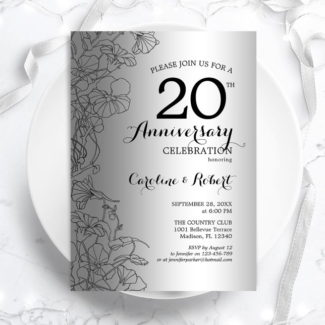 Convite Floral Preto Prata 20º Aniversário (Criador carregado)