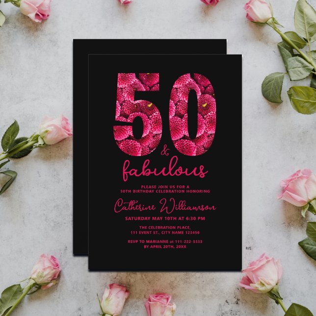Convite Floral preto rosa 50 e Festa de aniversário fabulo (Add your details to personalize your event, see the collection for other matching items.)