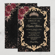 Floral Preto Rosas Vermelhas Tiara Dourada Sweet 1