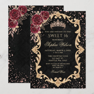 Convite Floral Preto Rosas Vermelhas Tiara Dourada Sweet 1