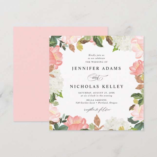 Convite Floral Primavera Blush | Casamento quadrado (Frente/Verso)