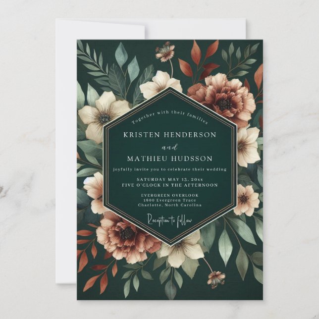 Convite Floral Profunda de Casamento Botânico em Azul Teal (Frente)