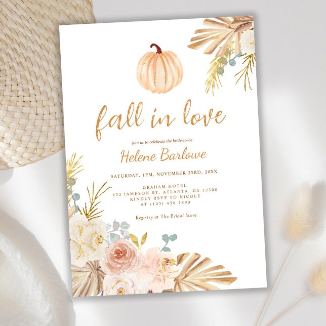 Convite Floral Pumpkin Cai No Amor Chá de panela Boho (Floral Pumpkin Fall In Love Boho Bridal Shower Invitation)