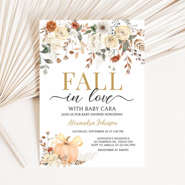 Convite Floral Pumpkin Fall in Love Baby Shower (Fall in Love Floral Pumpkin Baby Shower Invitation)