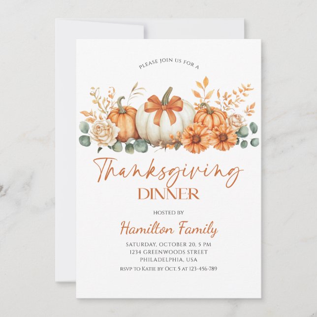 Convite Floral pumpkin Thanksgiving Dinner party (Frente)