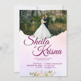Convite Floral Purple and Pink Elegance Wedding with Photo