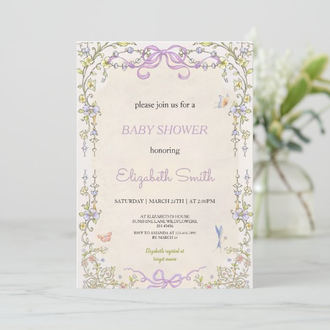 Convite Floral purple babyshower party invitation (Em pé/Frente)